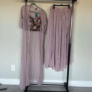 Georgette embroidery crop top with flared palazzo and shrug for ethnic fusion